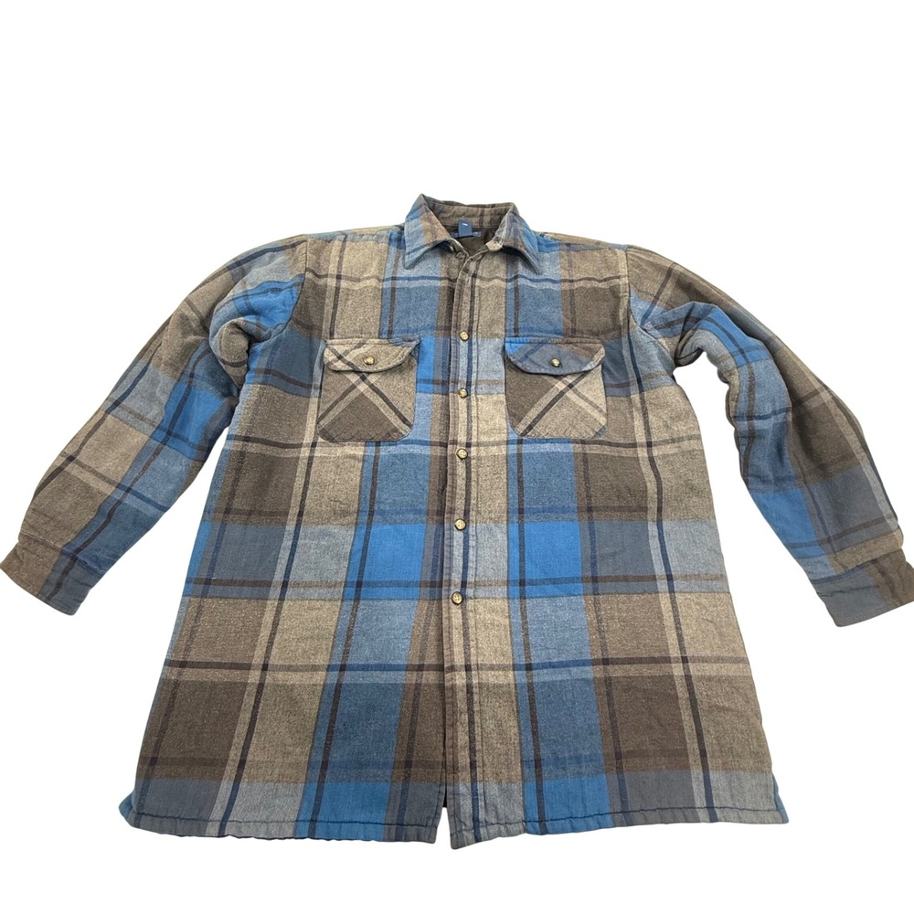 Men's Towncraft Quilted Lined Flannel Shirt Jacket Blue Gray Plaid Size M